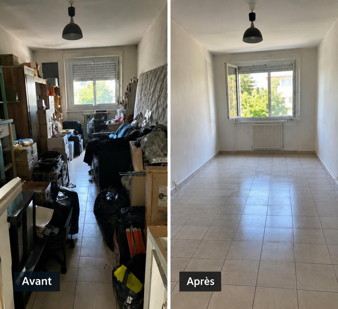 Pièce encombrée de meubles et de sacs, puis la même pièce entièrement vidée